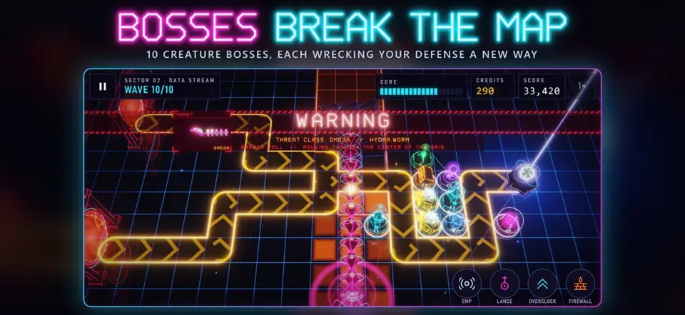 A boss warning flashes as a boss enters the neon lane