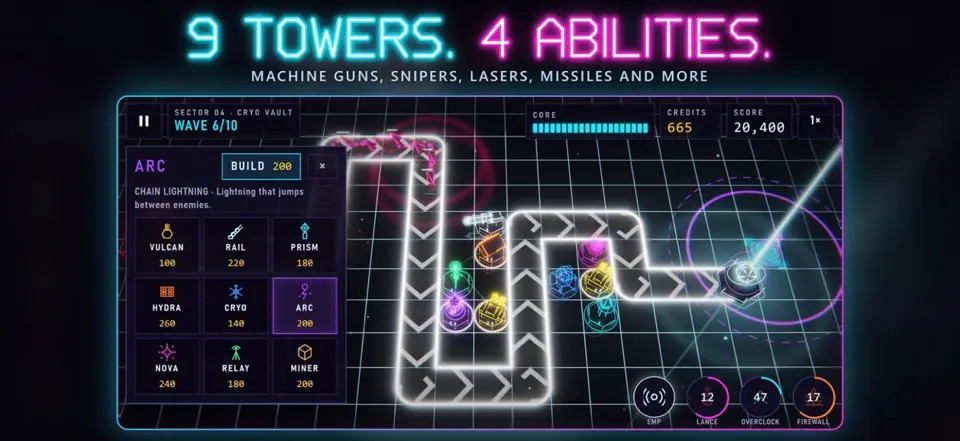 Tower build panel listing tower types